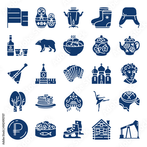 Russian national symbols silhouette icon set. Vector illustration.