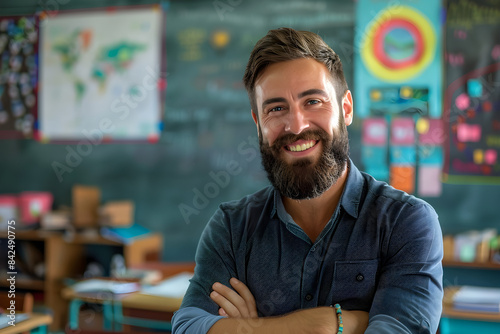 A handsome bearded man teacher standing in a classroom with arms crossed, providing cheerful education from elementary to university level.