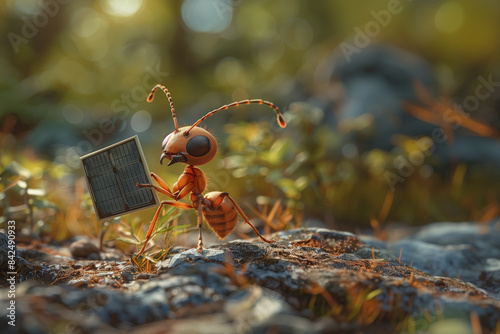 ant carrying solar panel; ecological energy sources; energy from the sun; sustainable, environmentally friendly house; sustainability, ecology, ecological; installing solar panels copy space for text photo