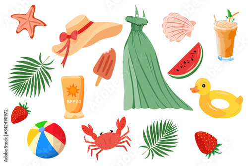 Travel destinations summer, summer set with clothes, food