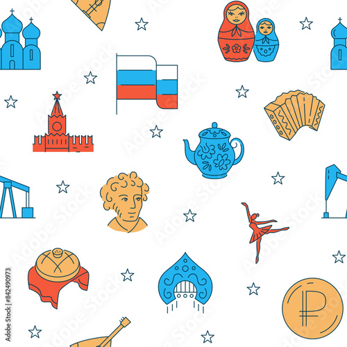 Seamless pattern with Russia national symbols in colored line style. Vector illustration.
