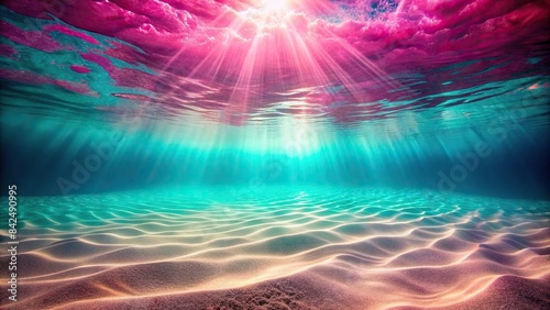 A surreal underwater dreamscape, with vibrant pink and turquoise water reflecting ethereal light beams onto a pink sand bottom, underwater, pink water, turquoise water, light refraction photo