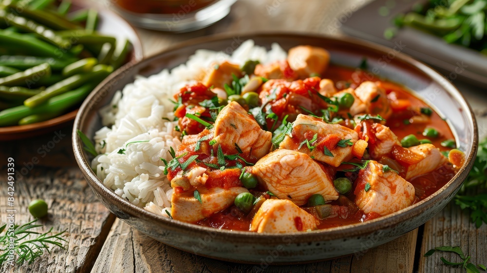 Delicious chicken in savory tomato sauce, with rice and green beans, studio shot, isolated background, style raw Delicious chicken in savory tomato sauce, with rice and green beans, studio shot, isolated background, style raw