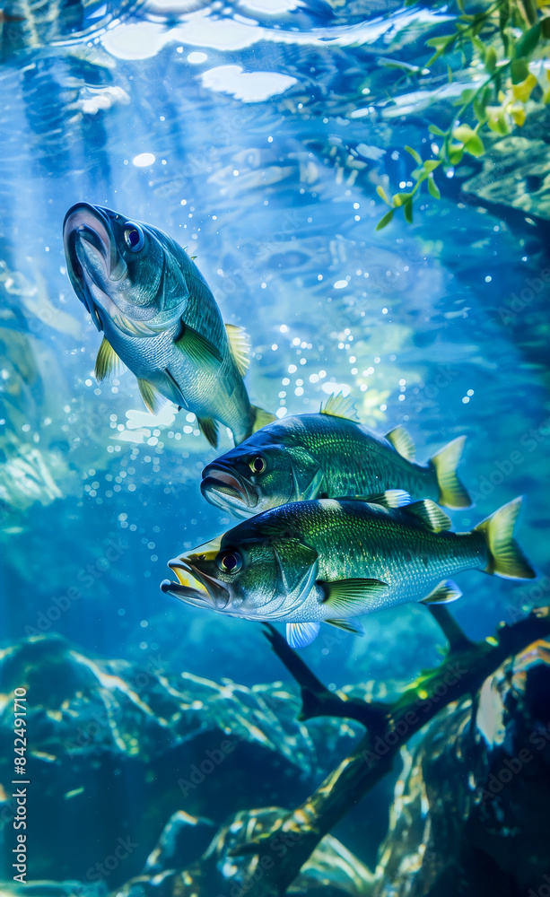 Fototapeta premium Large Mouth Bass Underwater. Generated image. A digital rendering of an underwater photograph of large mouth bass swimming.