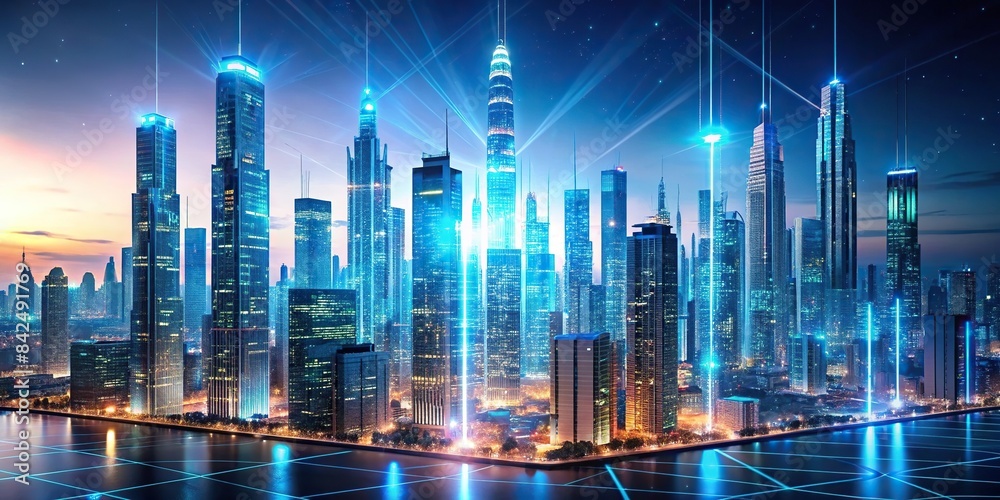 A futuristic cityscape with towering skyscrapers, illuminated by holographic displays showcasing complex algorithms and data streams, representing the emergence of self-aware and the singularity