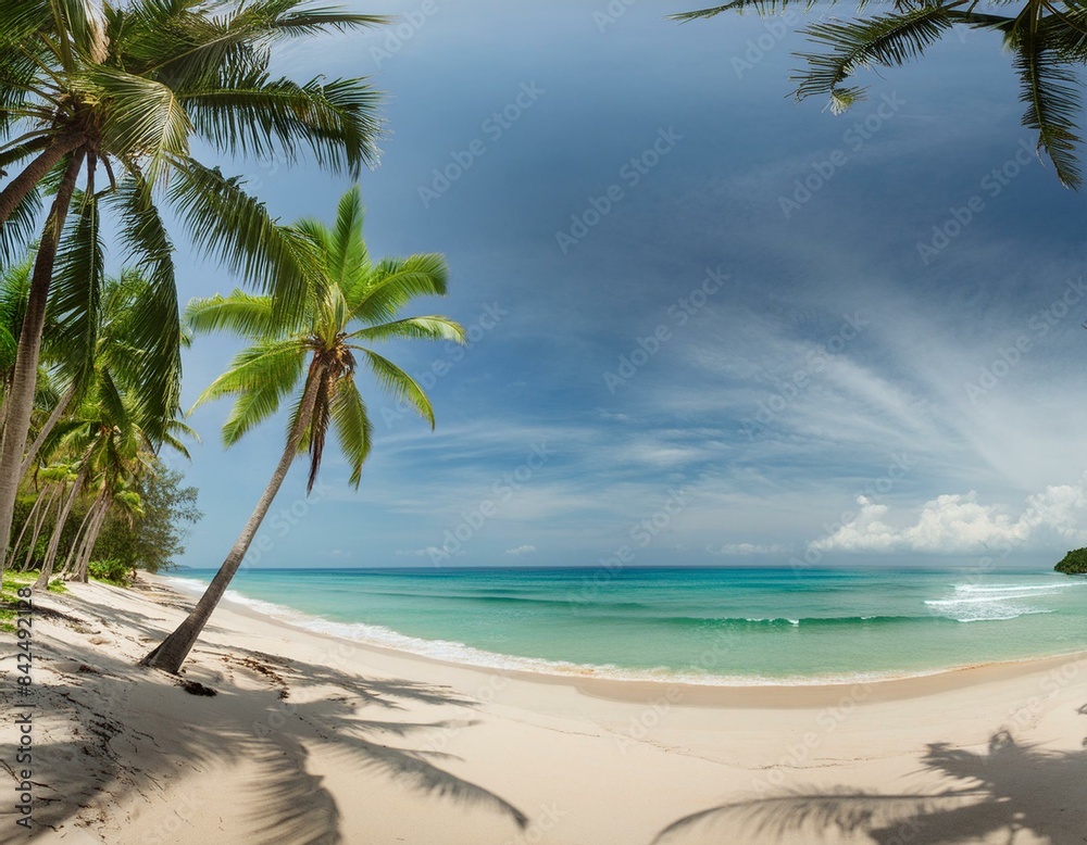 panorama of tropical beach with coconut palm trees panorama of tropical beach with coconut palm trees