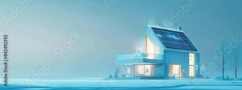 3D rendering of a smart home with solar panels on the roof