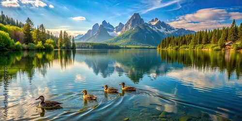 A tranquil mountain lake mirrors the majestic peaks above, as a family of ducks glides gracefully across its glassy surface, serene lake, mountain reflection, duck family photo