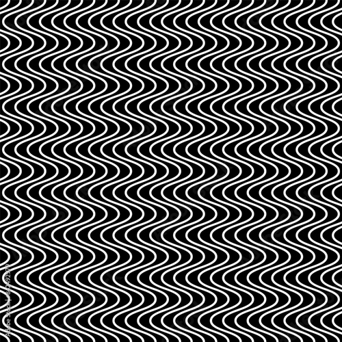 Abstract seamless pattern with wavy lines. Vector illustration of waves. Black and white background with optical illusion. Texture with curved and squiggly geometric lines in row.