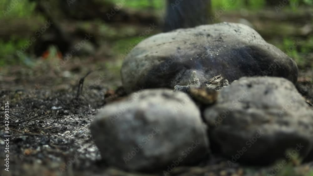 Rocks around the campfire. Resting in the forest. Burning sticks. Burning wood. Rocks around the campfire. Resting in the forest. Burning sticks. Burning wood.