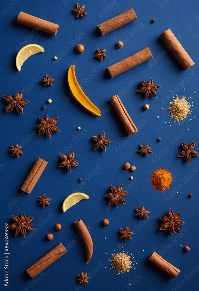 Naklejka premium a royal blue background with loosely scattered spices.