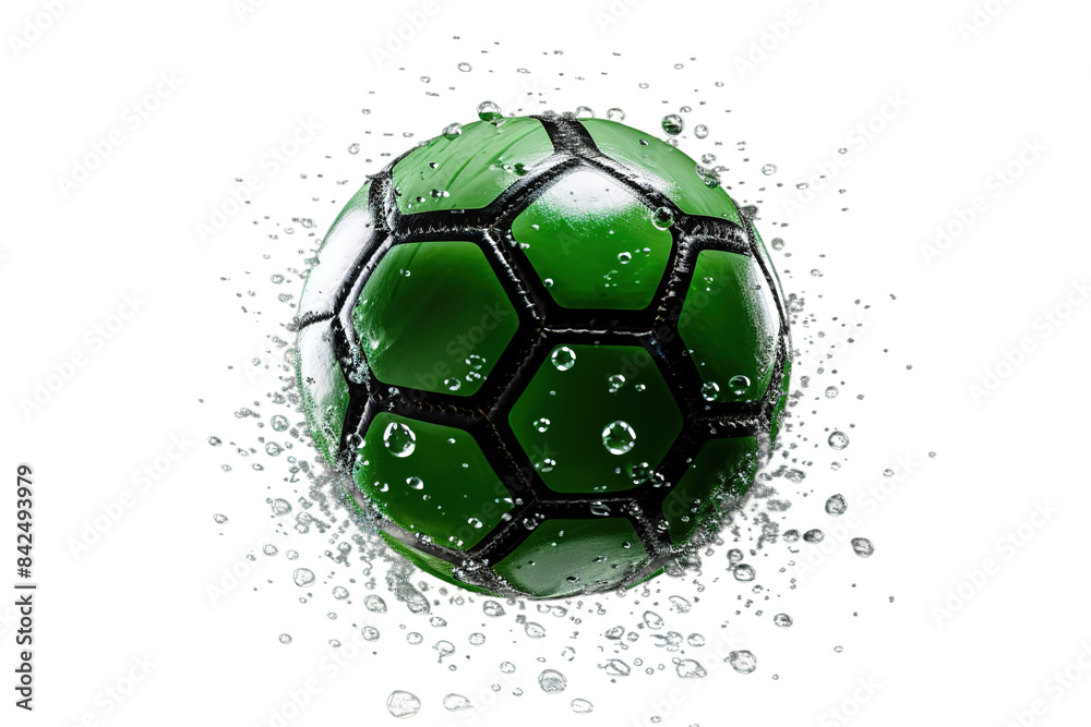 Fototapeta premium 3D green soccer ball with water splash, wet football texture and droplets, sporty graphic element for ads and posters isolated on Transparent Background
