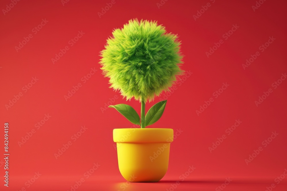 green fur flower made of inflatable items on red background in style of 3d. playful design. botanical festive floral card. Simple modern decor green fur flower made of inflatable items on red background in style of 3d. playful design. botanical festive floral card. Simple modern decor