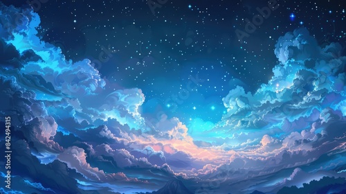Night Sky Oil Painting with Stars and Clouds in Anime Style