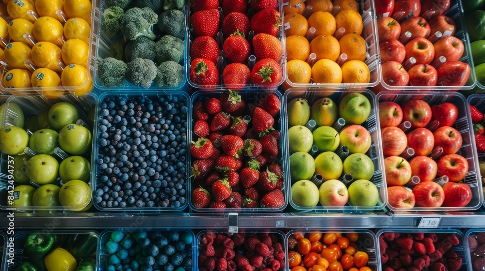 Aerial view of plastic containers in a supermarket, filled with fresh fruits and vegetables, each container meticulously arranged in rows, creating a colorful mosaic