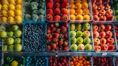 Aerial view of plastic containers in a supermarket  filled with fresh fruits and vegetables  each container meticulously arranged in rows  creating a colorful mosaic