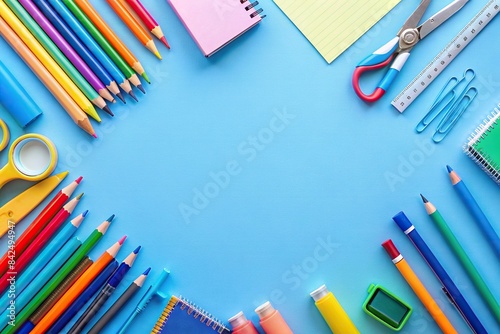 Blue background with school supplies including pens, pencils, rulers, scissors, notebooks, and erasers, blue, background, school supplies, pens, pencils, rulers, scissors
