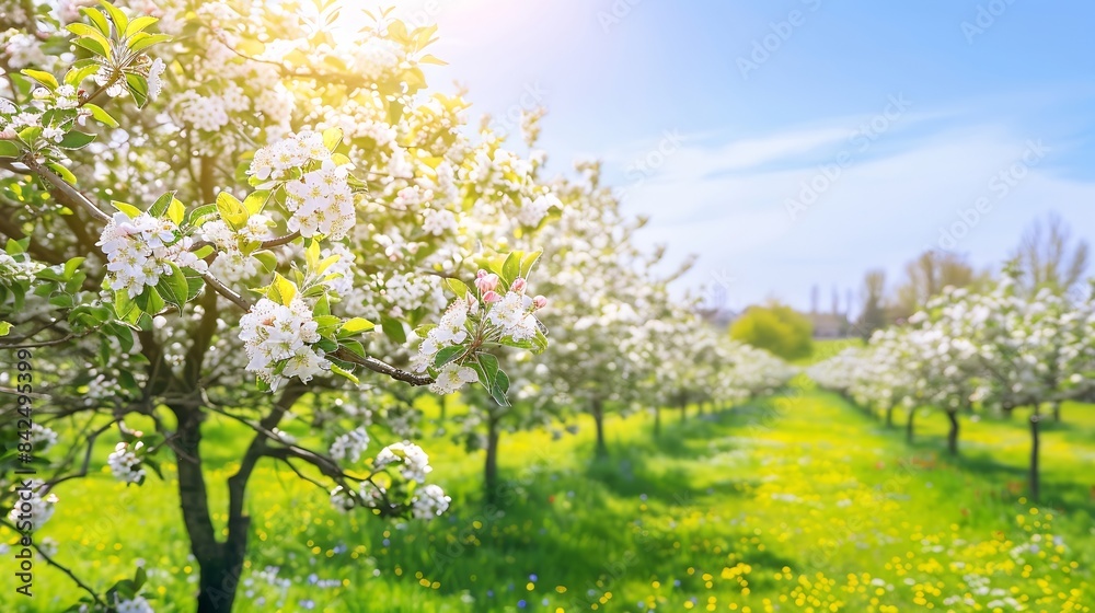 Spring  blossom apple trees in flowering fruit orchard at sunny day Idyllic rural scene : Generative AI