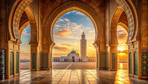 A majestic Moroccan archway leading into a grand mosque, with a vast and golden desert stretching out behind it, moroccan architecture, mosque, archway, desert, sand dunes, islam