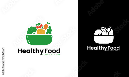 Healthy food logo design. Vegetable with mug or bowl concept for vegetarian symbol