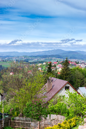Traditional countryside houses in mountain village in Beskid Niski, Poland