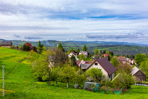 Rural mountain village landscape in Beskid Niski mountains, Poland