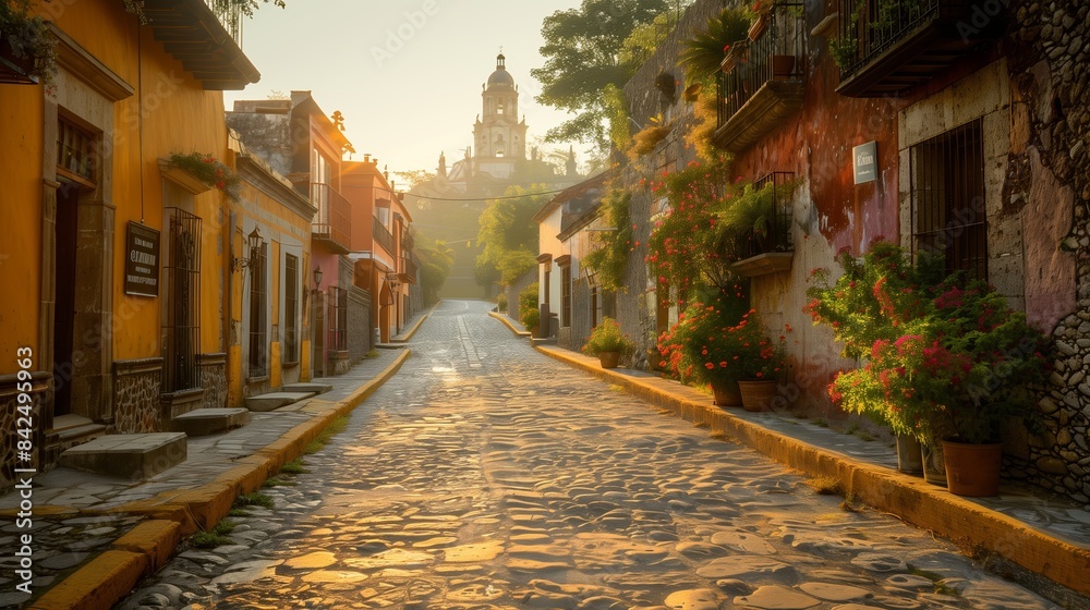 Fototapeta premium Cobblestone Street in a Mexican Town at Sunrise With a Church in the Distance