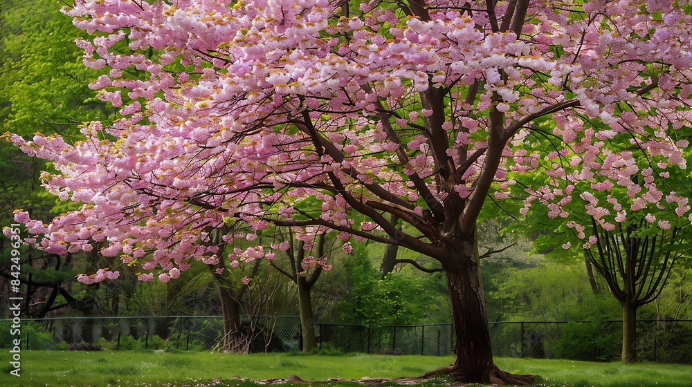 Cherry tree blossom explosion in Hurd Park Dover New Jersey Same trees with green summer foliage can be found by searching for photo ID 707340079 : Generative AI Cherry tree blossom explosion in Hurd Park Dover New Jersey Same trees with green summer foliage can be found by searching for photo ID 707340079 : Generative AI