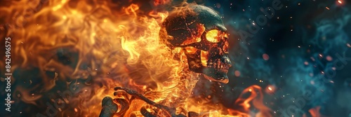 Terrifying side profile of a horror figure, a demonic skeleton blazing with intense fire flames, surrounded by a chaotic hellfire scene, created in a vivid CG 3D render with photorealistic detail