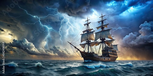 A weathered pirate ship sails through a tempestuous sea, its sails billowing in the wind as lightning illuminates the stormy sky above, pirate ship, storm, lightning, sea, ocean, waves