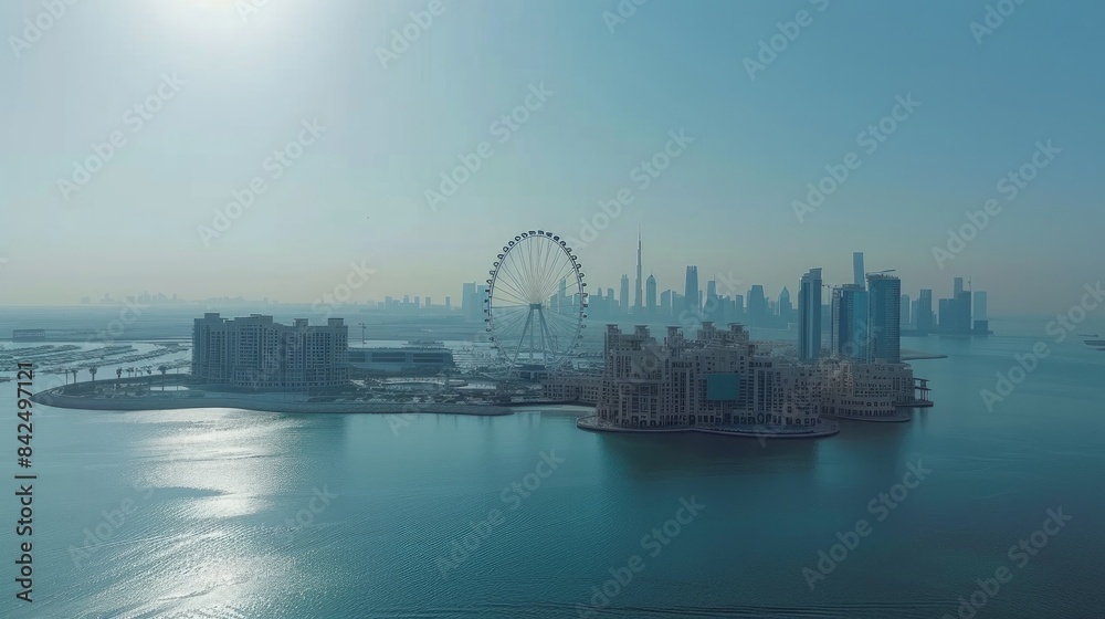 Bluewaters island and Ain Dubai ferris wheel on in Dubai, United Arab Emirates aerial view. New leisure and residential area in Dubai marina area