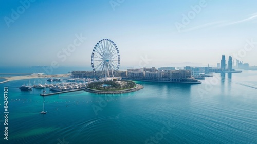 Bluewaters island and Ain Dubai ferris wheel on in Dubai  United Arab Emirates aerial view. New leisure and residential area in Dubai marina area