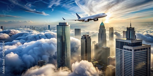 A commercial airliner descends through the clouds, skyscrapers and modern architecture towering over the runway in the foreground, airplane, landing, city, skyscrapers, modern, architecture