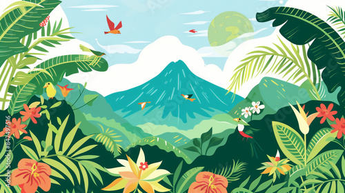 A flat illustration of the coffee farm and volcano, surrounded by tropical plants and birds in flight. 