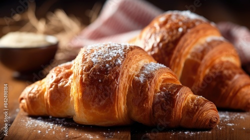 French croissants on a wooden background, close up photography wallpaper