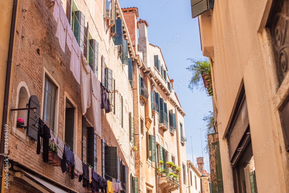 Landscape of Venice views, concept of vacation in Italy. Old part of city center. Ideas for journey.