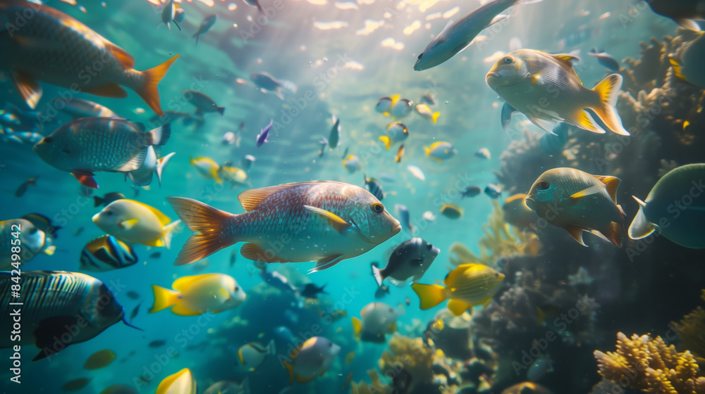 Fantastic underwater photography of a fish swarm swimming in the great barrier reef during the daytime. Show the variety of marine life. Cinematic still, caustics, cinematic lighting. Fantastic underwater photography of a fish swarm swimming in the great barrier reef during the daytime. Show the variety of marine life. Cinematic still, caustics, cinematic lighting.