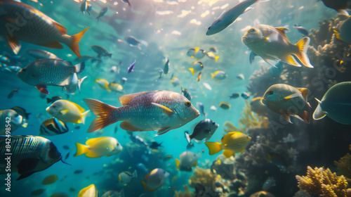 Fantastic underwater photography of a fish swarm swimming in the great barrier reef during the daytime. Show the variety of marine life. Cinematic still, caustics, cinematic lighting.