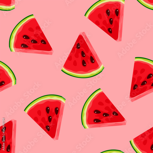 Seamless pattern with watermelon slices on a pink background. Vector cartoon illustration. photo