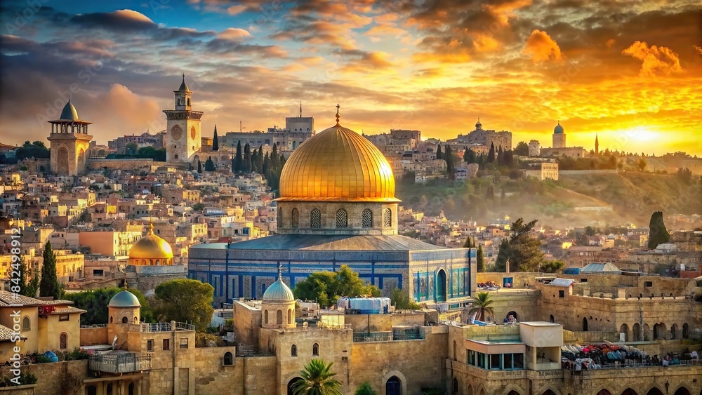 Fototapeta premium A vibrant and textured cityscape unfolds, showcasing the ancient walls of Jerusalem, its golden Dome of the Rock, and the bustling streets below