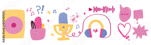 Set of record studio device. headphones, microphones, speaker. Concept of podcast, radio, broadcasting. Hand drawn vector illustration. Flat cartoon style clip art for music. Banner