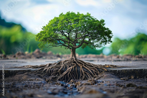 A tree with roots that break through concrete, standing tall and proud, symbolizing strength, empowerment, and the ability to overcome seemingly insurmountable obstacles 