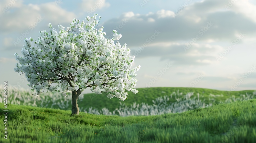 White blooming tree in a green meadow first blooming tree of the year : Generative AI White blooming tree in a green meadow first blooming tree of the year : Generative AI