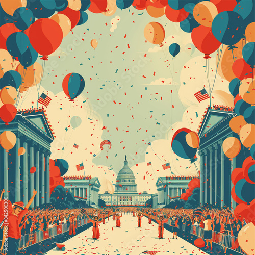 Create a lively vector design for an Independence Day pamphlet depicting a parade scene with marching bands, balloons, and crowds waving flags. 