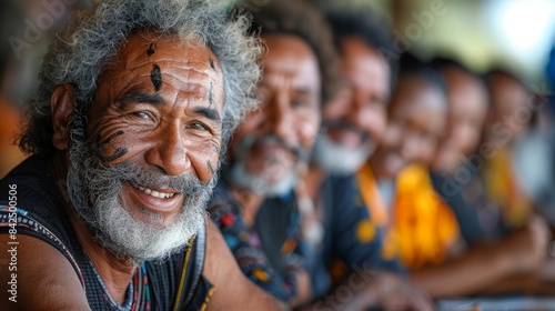 a professional photography image of a happy australian aboriginal group, men and women, Workforce line up. 