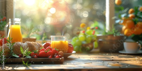 Sunny Morning Breakfast Table With Fruit and Bread. Generative AI