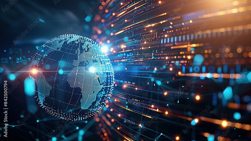 Fototapeta premium Digital world globe representing global network and connectivity on Earth, featuring high-speed data transfer, cyber technology, information exchange, and international telecommunications.