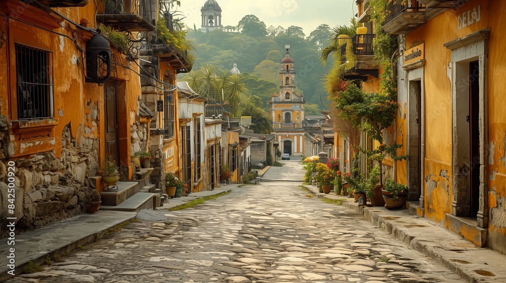 Fototapeta premium Cobblestone Street in a Mexican Town at Sunrise With a Church in the Distance