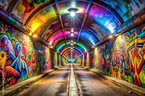 Tunnel with vibrant graffiti art on walls, urban, colorful, street art, underground, design, mural, spray paint, graffiti, tunnel, vibrant, artistic, creativity, culture, city, artwork, paint photo