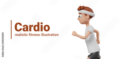 Concept of cardio fitness training. Realistic man jogging, side view